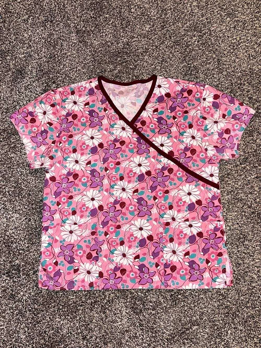 Whimsical Y2K Pink Scrub Top with Floral Design